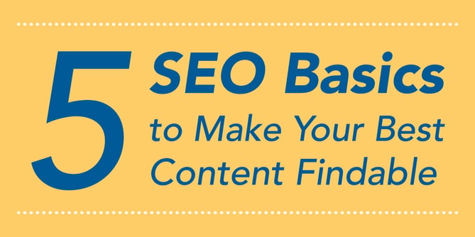 Rectangular graphic with a yellow background and blue text reading "5 SEO Basics for Your Quality Content"