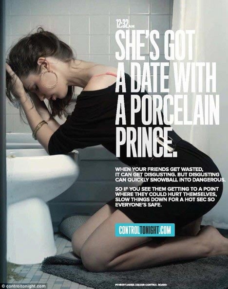 Ad showing woman kneeling at toilet with a headline reading "She's got a date with a porcelain prince."