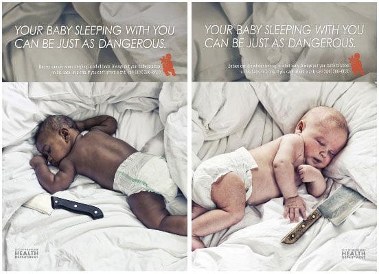 Ad shows babies sleeping in a bed with large knives within reach, with headline saying "Your baby sleeping with you can be just as dangerous."