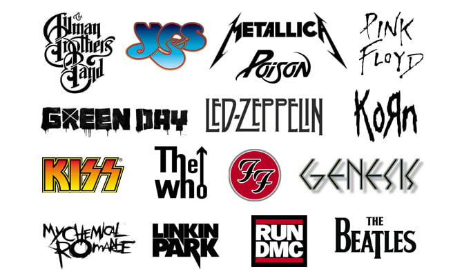 Rock logos. Iconic wordmarks of high-profile rock, pop, thrash, metal, and hip hop bands