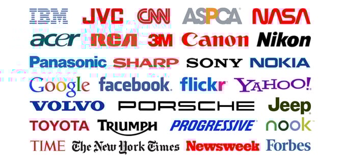 Wordmarks of various industries, including technology, internet, automotive and news media.