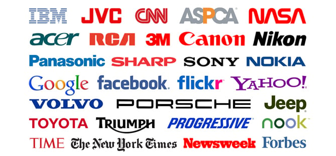 Wordmarks of various industries, including technology, internet, automotive and news media.