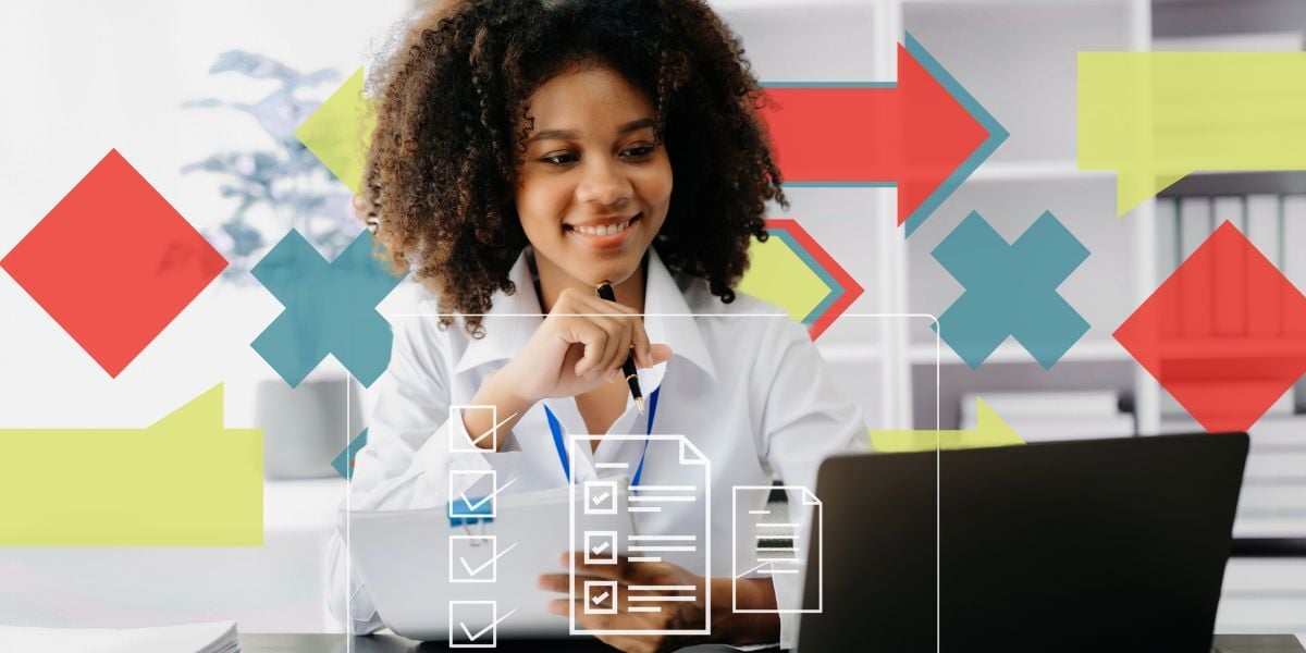A young professional women sits in front of a computer with a graphic of a checklist overlayed in front of her. She sits in a typical office setting, but there are graphical floating shapes in red, teal, and green around her for design.