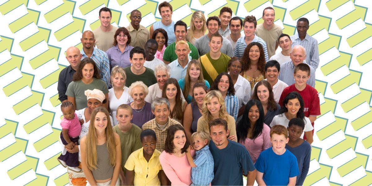 A large group photo of a diverse population of people is center of the image, overlayed on a background of a repeating pattern of lime green arrows.