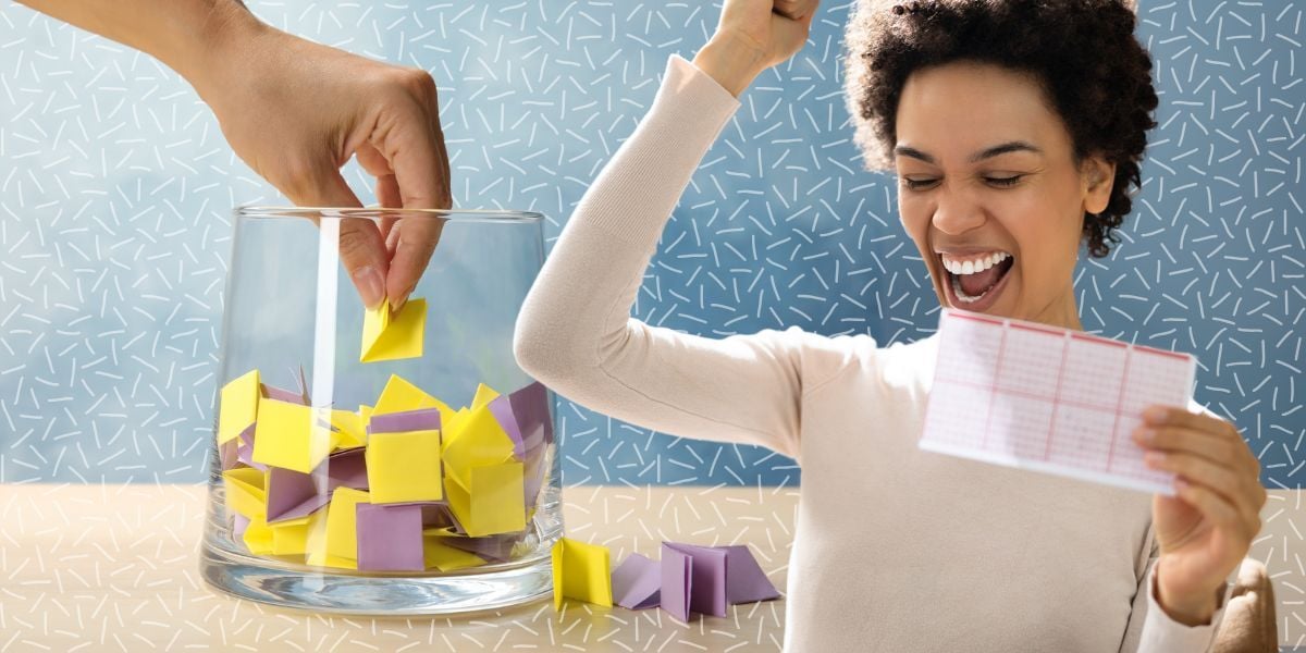 On the left a hand reaches into a glass bowl with multiple small slips of multicolored paper and is picking one. Overlayed, but to the right is a black women with shorter hair, cheering and holding up what seems to be some kind of lottery ticket or sweepstakes ticket.