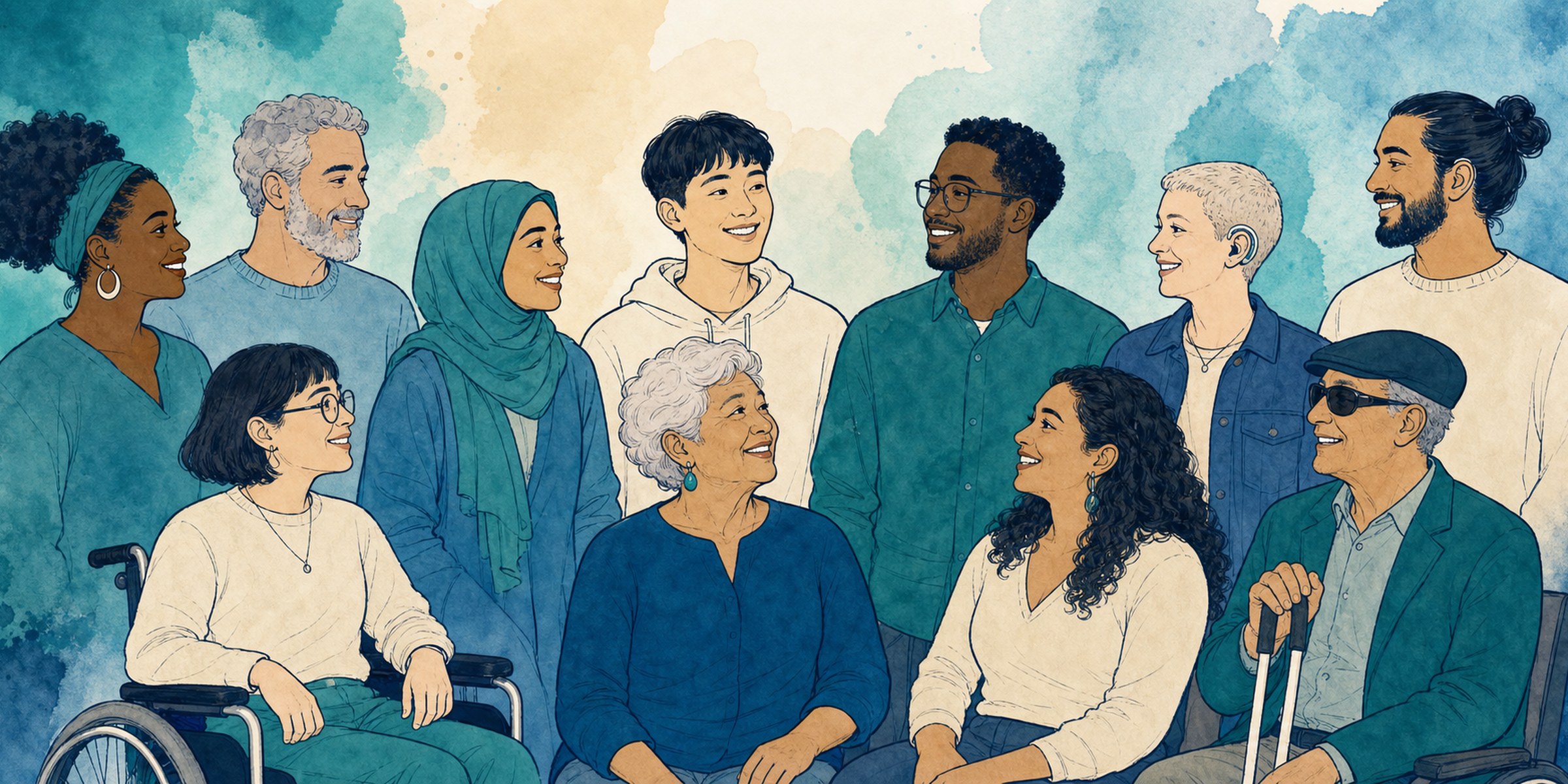 Illustration of a diverse group of people of many ages and abilities smiling together in warm conversation. AI-generated, human-edited.
