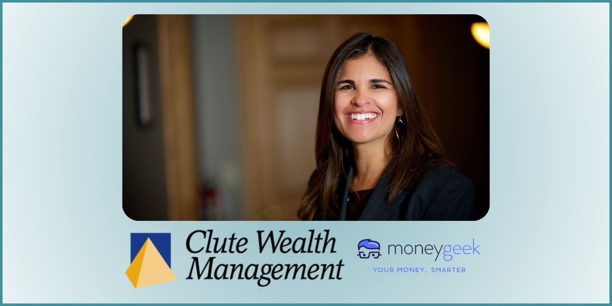 Headshot of Christina Ubl, co-owner of Clute Wealth Management. Below is the Clute Wealth Management logo and the MoneyGeek website logo