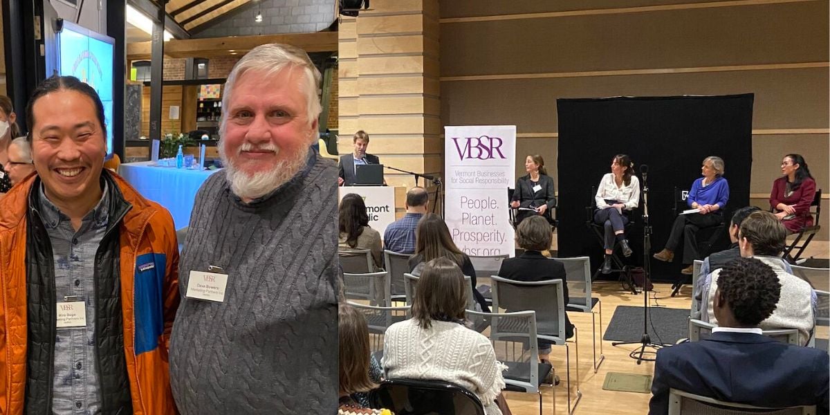 A split photo. The left shows 2 marketing partners employees posing for a photo. The right is a picture of the panel of speakers at the VBSR event