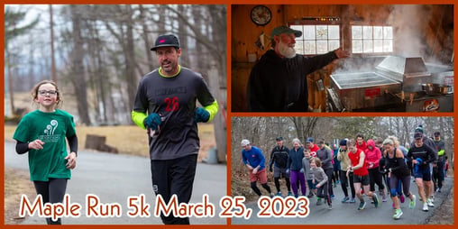 Maple Run 5k MArch 25, 2023. Collage of runners and the maple sugar shack.