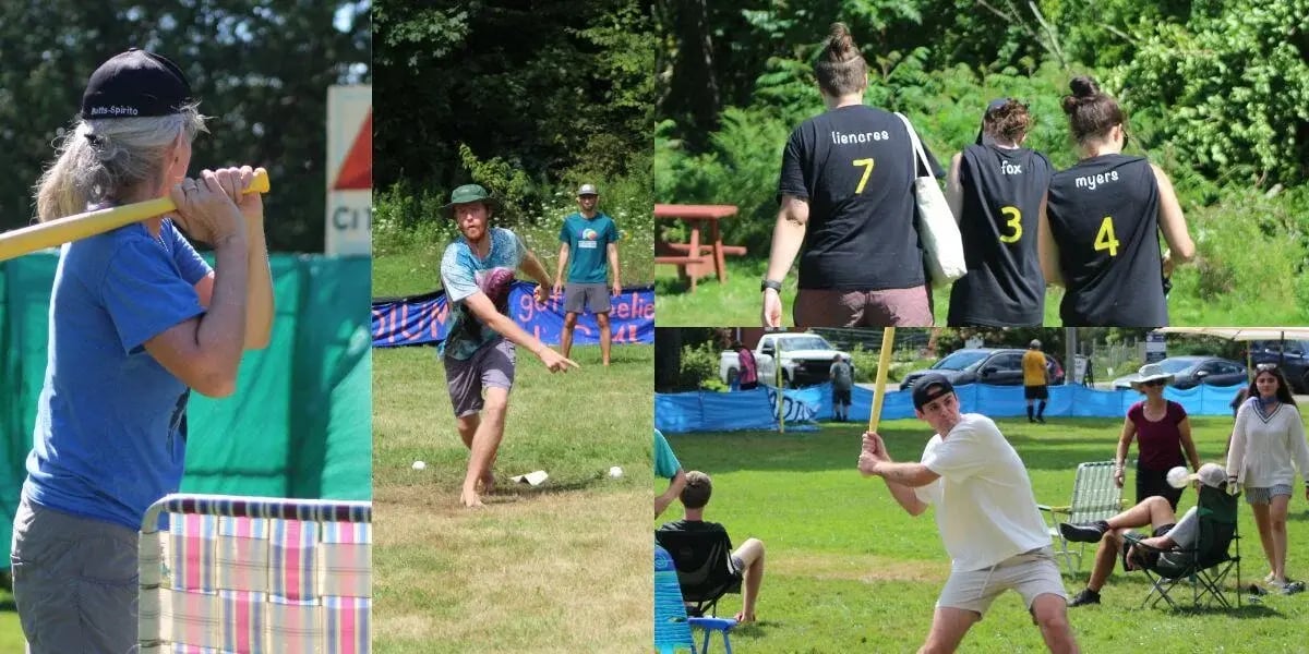 Montage of Wiffle Fest players playing during the 2024 26th annual Wiffle Fest hosted by Rock Point School. 