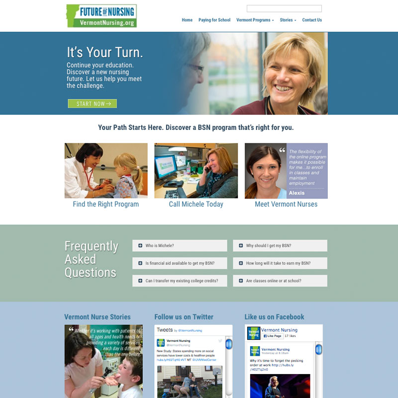 Vermont Nursing lead nurturing website